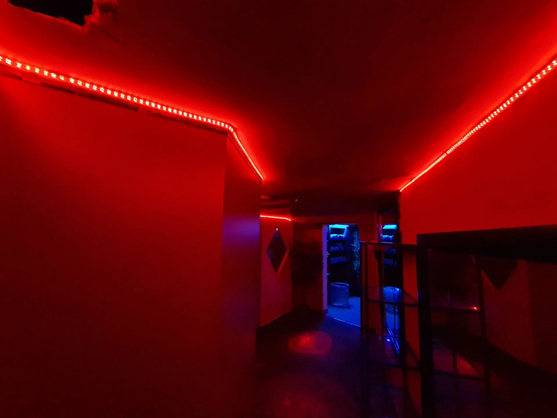 Vörös LED-fényben úszó folyosó a klub belsejében