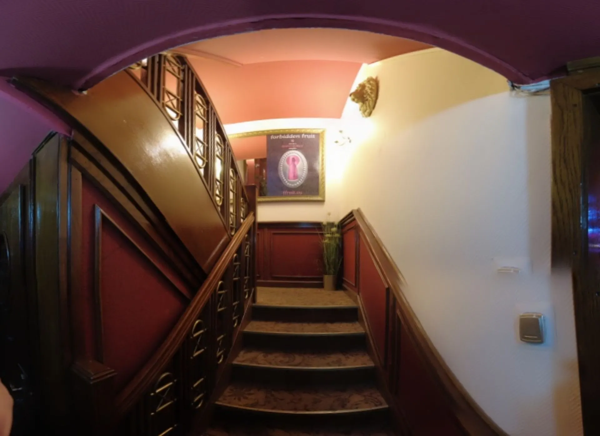 Wood-panelled staircase at the entrance with a framed picture on the wall